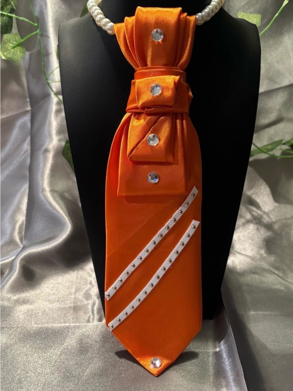 Woman Orange Satin Jeweled Statement Tie Necklace